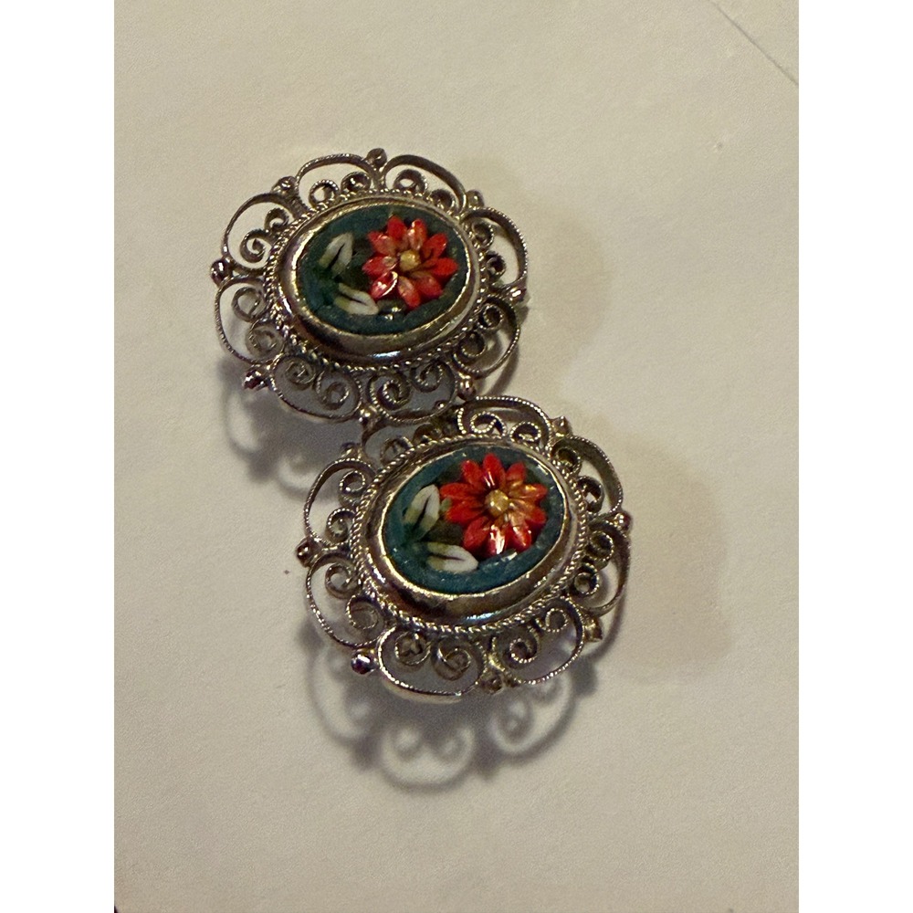 Vintage Italian Micro Mosaic Floral Clip On Earrings Silver Tone Filigree Red